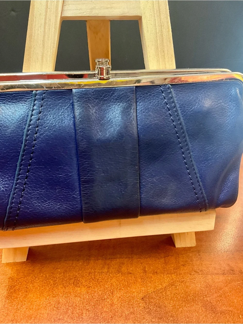 HOBO Navy Leather Frame Clutch with Silver Trim
